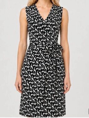 Diane Von Furstenberg Black Brown White Safari Print Wrap Dress